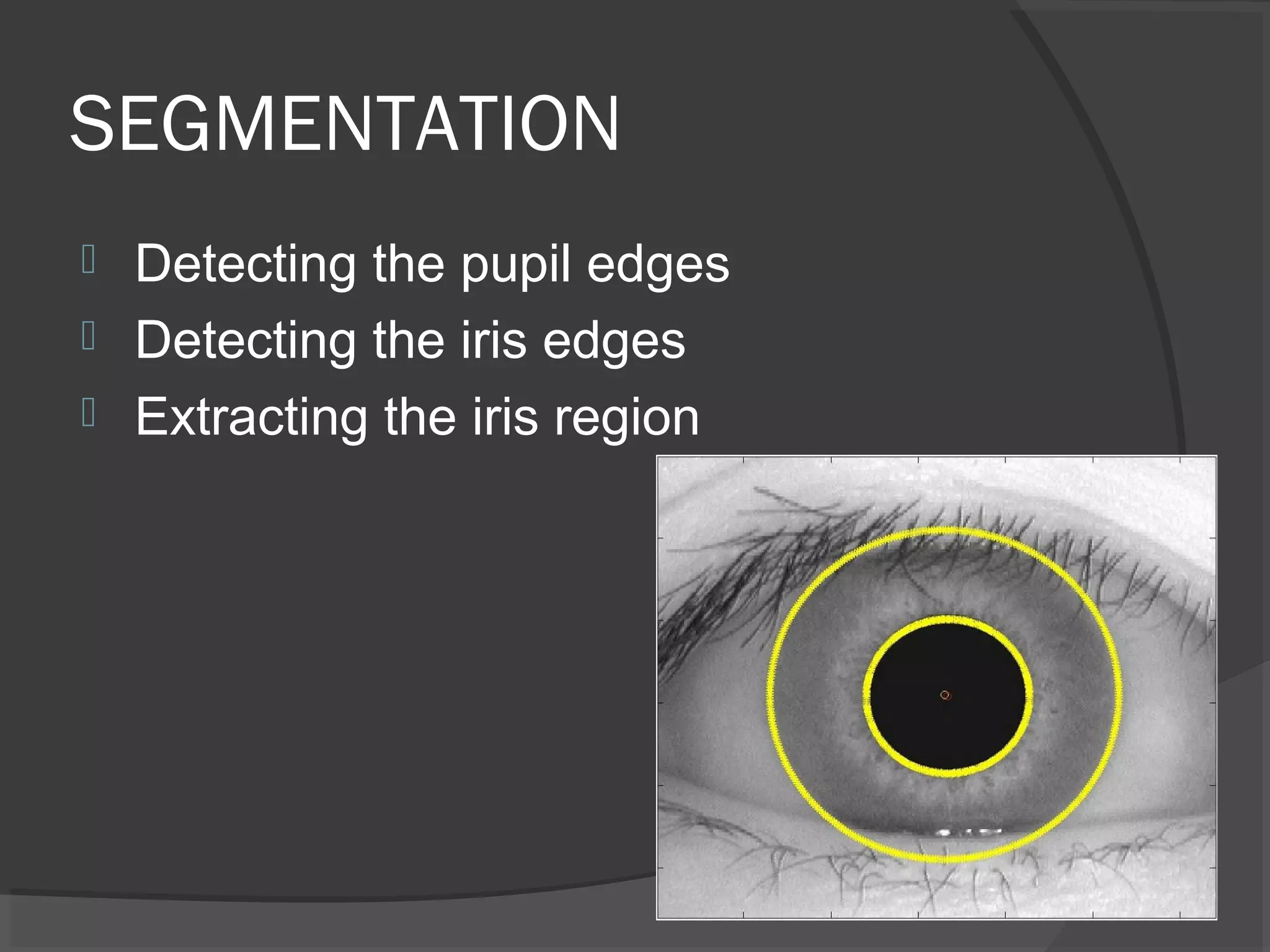 SEGMENTATION 
 Detecting the pupil edges 
 Detecting the iris edges 
 Extracting the iris region 
 