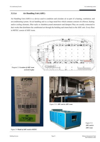 3.3.1.6 Air Handling Unit (AHU)
Air Handling Unit (AHU) is a device used to condition and circulate air as part of a heating, ventilation, and
air-conditioning system. An air handling unit is a a large metal box which contains consists of a blower, heating
and/or cooling elements, filter racks or chambers,sound attenuators and dampers.They are usually connected to
duct works that distributes the conditioned air through the building and return back to the AHU unit. Every floor
in MITEC consist of AHU room.
.
Figure 3.9 Model of AHU used in MITEC
Air-conditioning System
Building Services
Air conditioning system
Page 91 Malaysia International Trade
And Exhibition Centre
Figure 3.10 AHU unit in AHU room
Figure 3.11
AHU unit in
AHU room
Diagram 3.3 Location of AHU room
on level 1A plan
 