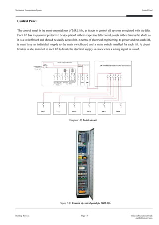 Control Panel
The control panel is the most essential part of MRL lifts, as it acts to control all systems associated with the lifts.
Each lift has its personal protective device placed in their respective lift control panels rather than in the shaft, as
it is a switchboard and should be easily accessible. In terms of electrical engineering, to power and run each lift,
it must have an individual supply to the main switchboard and a main switch installed for each lift. A circuit
breaker is also installed in each lift to break the electrical supply in cases when a wrong signal is issued.
Building Services
Control Panel
Page 138 Malaysia International Trade
And Exhibition Centre
Diagram 5.13 Switch circuit
Figure 5.23 Example of control panel for MRL lifts
Mechanical Transportation System
 