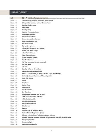 i
LIST OF FIGURES
2.0 Fire Protection System………………………………………………………………….
Figure 2.1 An overview of fire pump system and sprinkler tank
Figure 2.2 Fire sprinkler tank and wet riser-hose reel tank
Figure 2.3 EBSRAY Jockey Pump
Figure 2.4 Duty Pump
Figure 2.5 Standby Pump
Figure 2.6 Pumpset Pressure Indicator
Figure 2.7 Fire Pump Controller
Figure 2.8 Electric Service Room
Figure 2.9 Indoor Second Floor Corridor
Figure 2.10 First Floor Loading Bay
Figure 2.11 Basement Level 1
Figure 2.12 Upright fire sprinkler
Figure 2.13 Alarm Valve System for each zonings
Figure 2.14 System Side Water Gauge
Figure 2.15 Alarm Valve Clapper
Figure 2.16 Water Cannon System
Figure 2.17 Testing out water cannon
Figure 2.18 Wet Riser System
Figure 2.19 Wet riser system that located in the wall
Figure 2.20 Wet riser main
Figure 2.21 Air Vent
Figure 2.22 Landing Valves on the top floor
Figure 2.23 Canvas hose placed on the cradle
Figure 2.24 L1-H3-FYHR80 stands for ‘Level 1, Hall 3, Foyer Hose Reel 80’
Figure 2.25 Cabinet for hose reel system and fire extinguisher
Figure 2.26 Hose Reel System
Figure 2.27 Drum
Figure 2.28 Stop Valve
Figure 2.29 Rubber Hose
Figure 2.30 Spray Nozzle
Figure 2.31 Dry Riser Outlet
Figure 2.32 Dry Riser Inlet
Figure 2.33 Fire Hydrant located at staff car park
Figure 2.34 ABC Fire Extinguisher in MITEC
Figure 2.35 ABC Fire Extinguisher
Figure 2.36 CO2 Fire Extinguisher
Figure 2.37 Electric Control Room
Figure 2.38 Fire Curtain
Figure 2.39 Damper
Figure 2.40 Solenoid 24V DC Tripping Device
Figure 2.41 Carbon Dioxide Suppression System
Figure 2.42 Fireman switches located at basement escape staircase
Figure 2.43 Fireman Intercom located at basement escape staircase (left) and fire pump room
Figure 2.44 Emergency Speaker
Figure 2.45 Emergency light
Figure 2.46 Emergency Break Glass
 