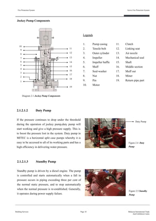 Fire Protection System
Building Services
Active Fire Protection System
Page 10 Malaysia International Trade
And Exhibition Centre
Legends
1. Pump casing
2. Tensile bolt
3. Outer cylinder
4. Impeller
5. Impeller baffle
6. Muff
7. Seal-washer
8. Nut
9. Pin
10. Motor
11. Clutch
12. Linking seat
13. Air nozzle
14. Mechanical seal
15. Shaft
16. Middle section
17. Muff out
18. Miner
19. Return pipe part
Diagram 2.1 Jockey Pump Components
1
2
3
4
5
6
7
8
9
10
11
12
13
14
15
16
17
18
19
2.1.2.1.2 Duty Pump
If the pressure continues to drop under the threshold
during the operation of jockey pump,duty pump will
start working and give a high pressure supply. This is
to boost the pressure lost in the system. Duty pump in
MITEC is a horizontal split case pumps whereby it is
easy to be accessed to all of its working parts and has a
high efficiency in delivering water pressure.
2.1.2.1.3 Standby Pump
Standby pump is driven by a diesel engine. The pump
is controlled and starts automatically when a fall in
pressure occurs in piping exceeding three per cent of
the normal static pressure, and to stop automatically
when the normal pressure is re-established. Generally,
it operates during power supply failure.
Figure 2.4 Duty
Pump
Duty Pump
Figure 2.5 Standby
Pump
Jockey Pump Components
 