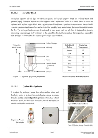 Fire Protection System
Building Services
Active Fire Protection System
Page 13 Malaysia International Trade
And Exhibition Centre
2.1.2.1.1 Sprinkler Head
The system operates on wet pipe fire sprinkler system. The system employs fixed fire sprinkler heads and
sprinkler piping filled with pressurized water supplied from a dependable source at all times. Sprinkler heads are
equipped with a glass trigger filled with a glycerin-based liquid that expands with temperature. As the liquid
expands, it shatters its glass confines and activated the sprinkler head, water is then discharged immediately onto
the fire. The sprinkler heads are not all activated at once since each one of them is independent, thereby
minimizing water damage. Only sprinklers in the area of the fire that have reached the temperature required to
melt. The type of bulb used in the case study building is red liquid bulb.
Bulb Liquid
Colour
Rupturing
Temperature
Orange 57
Red 68
Yellow 79
Green 93
Blue 141
Mauve 182
Black 260
40mm
Ceiling plate
seating surface
Orifice (Opening)
Threading
Plug
Frangible Sealed
Liquid-Filled
Bulb
Frame
Deflector
Diagram 2.4 Components of a pendant fire sprinkler Diagram 2.5 Types of the bulb liquid colour
2.1.2.1.2 Pendant Fire Sprinkler
A pendent fire sprinkler hangs from above-ceiling pipes and
distributes water in a domed or conical pattern using a convex
deflector. Unlike concealed pendent sprinklers which hide behind
decorative plates, the head of a traditional pendent fire sprinkler
remains visible after installation. Figure 2.8 Electric Service Room
Figure 2.9 Indoor Second Floor Corridor
Diagram 2.6 Pendant
fire sprinkler
 