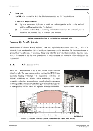 Fire Protection System
Building Services
Active Fire Protection System
Page 16 Malaysia International Trade
And Exhibition Centre
UBBL 1984
Part VIII: Fire Alarms, Fire Detection, Fire Extinguishment and Fire Fighting Access
[ Clause 228 ] Sprinkler Valves
(1) Sprinkler valves shall be located in a safe and enclosed position on the exterior wall and
shall be readily accessible to the Fire Authority
(2) All sprinkler system shall be electricity connected to the nearest fire station to provide
immediate and automatic relay of the alarm when activated.
Summary (Fire Sprinkler System) :
The fire sprinkler system in MITEC meets the UBBL 1984 requirements listed under clause 228, (1) and (2). In
Figure 2.13, the sprinkler alarm valve system is placed along the exterior wall of the fire pump room located at
ground floor. This allow ease of monitoring during the event of fire even without access into the fire pump room.
Also, it is connected to the fire alarm system which is directly linked to the nearest fire station through the fire
control panel.
2.1.2.3 Water Cannon System
There are 12 water cannons located at level 3 in the largest exhibition
pillar-less hall. The water cannon system employed in MITEC is an
automatic tracking technology with mechanized positioning fire
artillery, combining the infrared sensor technology. The signal
processing technology, communication control technology, computer
technology and mechanical driven technology work together effectively.
It is exceptionally suitable for tall and big space like the pillar-less hall. Figure 2.16 Water Cannon System
Diagram 2.11 Location of Pillar-less Exhibition Hall where the water cannon system is located
(Uniform Building By-Law, 2006, pp. 82) (Original work published in 1984)
SECTION B-B’
 
