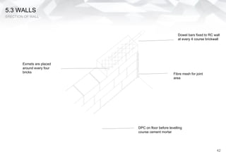 5.3 WALLS
ERECTION OF WALL
Dowel bars fixed to RC wall
at every 4 course brickwall
Fibre mesh for joint
area
DPC on floor before levelling
course cement mortar
Exmets are placed
around every four
bricks
42
 