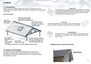 7.0 Roof
7.1 Introduction
Roof is a part of a building envelope that cover on the uppermost part of a
building. The roof provides protection from weather, animals, rain, snow,heat,wind
and sunlight.
Roof requirement:
Gable roof:
It is generally have two sloping side that come together at a creating
end walls with a triangular extension.The shape of the roof and how
it is detailed depends on the structural system used which reflect
climate, material and aesthetic concern.
Flat roof:
Flat roofs are definitely the most simple roof to build as they have
no pitch. The flat roof space can also be used for some activities.
Gambrel Roof:
The gambrel roof is usually a symmetrical two slope sided roof on
each side. The upper slope is with a shallow angle while the lower
slope is steep.
7.2 Types of roof shapes
The main factors which influence the shape of roofs are surrounding
environment, climate and the materials available for roof structure. Roof
terminology is not rigid defined. Roof shapes vary form almost flat to steeply
pitched from time to time.
Available types of roofs from the site :
Gable Roof
52
 