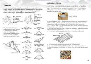 Truss roof
A timber roof truss is a structural framework of timbers designed to provide
support for a roof and to connect the space above a room. It is often referred
as A-frames. Truss roof occur at regular intervals, linked by longitudinal
timbers such as purlins. Bay is the space between each truss.
Queen Post
Truss
1. Queen posts
2. Tie Beam
3. Straining
beam
4. Principal
rafter
King Post Truss
1. King post
2. Tie Beam
3. Principal Rafters
4. Struts
The A-frame combines the
rafters, joists and jacks together.
A roof is made up of some
A-frames. Trusses are
manufactured in some different
shapes and sizes to suit the
needs of various types of roofs.
Installation of truss
1.Trusses was lifted by crane in a manner that minimises lateral bending stresses.
2.Each bundle of wood will be lifted separately and the worker will attach the
chains from the spreader bar to the two node points at each side of the truss.
3.The joiners used to mark each position of the trusses as specified on the
drawing along the wall plate.
truss joiner
4.The trusses will be fixed in sequence and accordance with working drawings.
5.It starts with the gable truss which is just inside or placed over the end wall.
6.Brace it back to some other stable part of the structure or to the ground.
7.Fix it to the top plate at the required location which usually indicated by set out
marks as each truss is installed.
8.To ensure correct alignment,use a gauging rod and ties for spacing the trusses,
and a string line along the apex.
9.It is important that trusses are lined up along the apex but not the heels.
10.The trusses must be braced longitudinally as they are erected.
11.It is to provide the stability to the trusses during the process of erection.
12.After full installation is completed, the bottom chord ties should be maintained
in place.
54
 