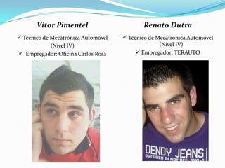 Vítor Pimentel Técnico de Mecatrónica Automóvel(Nível IV)  Empregador: Oficina Carlos RosaRenato Dutra Técnico de Mecatrónica Automóvel (Nível IV) Empregador: TERAUTO  