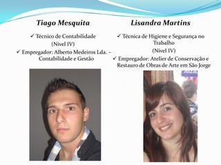 Tiago Mesquita Técnico de Contabilidade(Nível IV) Empregador: Alberto Medeiros Lda. – Contabilidade e GestãoLisandra Martins Técnica de Higiene e Segurança no Trabalho     (Nível IV) Empregador: Atelier de Conservação e Restauro de Obras de Arte em São Jorge
