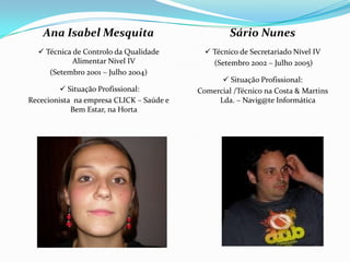 Sário Nunes
 Técnico de Secretariado Nível IV
(Setembro 2002 – Julho 2005)
 Situação Profissional:
Comercial /Técnico na Costa & Martins
Lda. – Navig@te Informática
Ana Isabel Mesquita
 Técnica de Controlo da Qualidade
Alimentar Nível IV
(Setembro 2001 – Julho 2004)
 Situação Profissional:
Rececionista na empresa CLICK – Saúde e
Bem Estar, na Horta
 