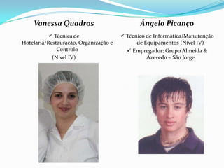 Vanessa Quadros  Técnica de Hotelaria/Restauração, Organização e Controlo(Nível IV)Ângelo Picanço Técnico de Informática/Manutenção de Equipamentos (Nível IV) Empregador: Grupo Almeida & Azevedo – São Jorge  
