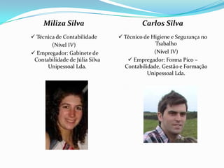 Miliza Silva  Técnica de Contabilidade(Nível IV) Empregador: Gabinete de Contabilidade de Júlia Silva Unipessoal Lda.  Carlos Silva Técnico de Higiene e Segurança no Trabalho     (Nível IV) Empregador: Forma Pico – Contabilidade, Gestão e Formação Unipessoal Lda. 