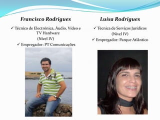 Francisco Rodrigues Técnico de Electrónica, Áudio, Vídeo e TV Hardware(Nível IV) Empregador: PT ComunicaçõesLuísa Rodrigues Técnica de Serviços Jurídicos(Nível IV)  Empregador: Parque Atlântico 