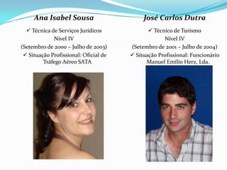 Ana Isabel Sousa                       José Carlos Dutra
   Técnica de Serviços Jurídicos              Técnico de Turismo
             Nível IV                               Nível IV
(Setembro de 2000 – Julho de 2003)     (Setembro de 2001 – Julho de 2004)
  Situação Profissional: Oficial de    Situação Profissional: Funcionário
         Tráfego Aéreo SATA                  Manuel Emílio Herz, Lda.
 