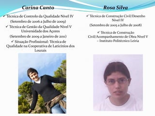 Carina Canto                                  Rosa Silva
 Técnica de Controlo da Qualidade Nível IV     Técnica de Construção Civil/Desenho
    (Setembro de 2006 a Julho de 2009)                         Nível IV
                                                 (Setembro de 2005 a Julho de 2008)
  Técnica de Gestão da Qualidade Nível V
           Universidade dos Açores                     Técnica de Construção
    (Setembro de 2009 a Janeiro de 2011)        Civil/Acompanhamento de Obra Nível V
      Situação Profissional: Técnica de              – Instituto Politécnico Leiria
  Qualidade na Cooperativa de Laticínios dos
                   Lourais
 