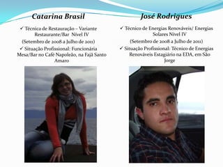Catarina Brasil                                José Rodrigues
  Técnica de Restauração – Variante        Técnico de Energias Renováveis/ Energias
        Restaurante/Bar Nível IV                          Solares Nível IV
  (Setembro de 2008 a Julho de 2011)            (Setembro de 2008 a Julho de 2011)
  Situação Profissional: Funcionária       Situação Profissional: Técnico de Energias
Mesa/Bar no Café Napoleão, na Fajã Santo       Renováveis Estagiário na EDA, em São
                 Amaro                                          Jorge
 