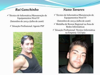 Rui Ganchinho                                Nuno Tavares
 Técnico de Informática/Manutenção de     Técnico de Informática/Manutenção de
          Equipamentos Nível IV                      Equipamentos Nível IV
   (Setembro de 2003 a Julho de 2006)        (Setembro de 2003 a Julho de 2006)
                                           Medalha de Bronze Regional na Área de
   Situação Profissional: Agente PSP                  Redes Informáticas
                                          Situação Profissional: Técnico Informática
                                                      na Empresa LLCópia
 