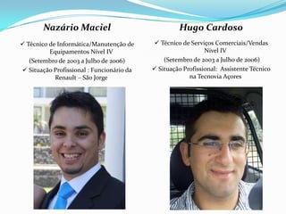 Nazário Maciel                              Hugo Cardoso
 Técnico de Informática/Manutenção de      Técnico de Serviços Comerciais/Vendas
          Equipamentos Nível IV                               Nível IV
   (Setembro de 2003 a Julho de 2006)          (Setembro de 2003 a Julho de 2006)
 Situação Profissional : Funcionário da    Situação Profissional: Assistente Técnico
            Renault – São Jorge                         na Tecnovia Açores
 