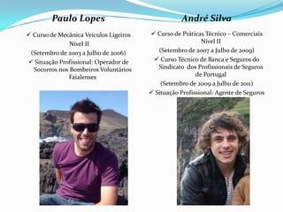 Paulo Lopes                                André Silva
 Curso de Mecânica Veículos Ligeiros    Curso de Práticas Técnico – Comerciais
               Nível II                                    Nível II
 (Setembro de 2003 a Julho de 2006)        (Setembro de 2007 a Julho de 2009)
 Situação Profissional: Operador de      Curso Técnico de Banca e Seguros do
  Socorros nos Bombeiros Voluntários       Sindicato dos Profissionais de Seguros
              Faialenses                                 de Portugal
                                            (Setembro de 2009 a Julho de 2011)
                                         Situação Profissional: Agente de Seguros
 