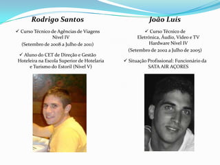 Rodrigo Santos                                    João Luís
 Curso Técnico de Agências de Viagens                 Curso Técnico de
                Nível IV                           Eletrónica, Áudio, Vídeo e TV
  (Setembro de 2008 a Julho de 2011)                     Hardware Nível IV
                                               (Setembro de 2002 a Julho de 2005)
  Aluno do CET de Direção e Gestão
 Hoteleira na Escola Superior de Hotelaria    Situação Profissional: Funcionário da
      e Turismo do Estoril (Nível V)                    SATA AIR AÇORES
 