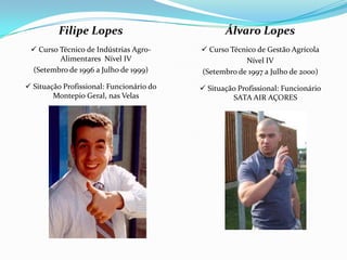 Filipe Lopes                            Álvaro Lopes
  Curso Técnico de Indústrias Agro-       Curso Técnico de Gestão Agrícola
         Alimentares Nível IV                         Nível IV
 (Setembro de 1996 a Julho de 1999)       (Setembro de 1997 a Julho de 2000)
 Situação Profissional: Funcionário do    Situação Profissional: Funcionário
        Montepio Geral, nas Velas                  SATA AIR AÇORES
 