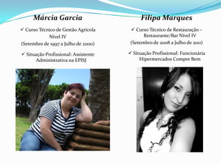 Márcia Garcia                         Filipa Marques
 Curso Técnico de Gestão Agrícola      Curso Técnico de Restauração –
            Nível IV                         Restaurante/Bar Nível IV
(Setembro de 1997 a Julho de 2000)     (Setembro de 2008 a Julho de 2011)

 Situação Profissional: Assistente    Situação Profissional: Funcionária
      Administrativa na EPISJ              Hipermercados Compre Bem
 