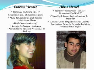 Vanessa Vicente                                   Flávio Maciel
                                                 Técnico de Restauração – Variante
    Técnica de Marketing Nível IV
                                                        Restaurante/Bar Nível IV
(Setembro de 2004 a Setembro de 2007)
                                               Medalha de Bronze Regional na Área de
 Aluna da Licenciatura em Educação –                          Mesa/Bar
          Universidade Aberta
                                             Aluno do Curso de Qualificação de Cozinha-
      (Desde Setembro de 2009)                Pastelaria na Escola de Formação Turística e
   Situação Profissional: Assistente                   Hoteleira de São Miguel
 Administrativa na Escola Profissional de
                São Jorge
 