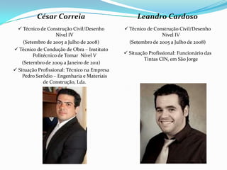 César Correia                             Leandro Cardoso
   Técnico de Construção Civil/Desenho        Técnico de Construção Civil/Desenho
                    Nível IV                                  Nível IV
     (Setembro de 2005 a Julho de 2008)         (Setembro de 2005 a Julho de 2008)
 Técnico de Condução de Obra – Instituto
         Politécnico de Tomar Nível V          Situação Profissional: Funcionário das
                                                       Tintas CIN, em São Jorge
    (Setembro de 2009 a Janeiro de 2011)
 Situação Profissional: Técnico na Empresa
    Pedro Serôdio – Engenharia e Materiais
              de Construção, Lda.
 