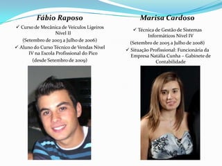 Fábio Raposo                            Marisa Cardoso
 Curso de Mecânica de Veículos Ligeiros
                                               Técnica de Gestão de Sistemas
                   Nível II
                                                     Informáticos Nível IV
   (Setembro de 2003 a Julho de 2006)
                                            (Setembro de 2005 a Julho de 2008)
 Aluno do Curso Técnico de Vendas Nível
                                            Situação Profissional: Funcionária da
      IV na Escola Profissional do Pico
                                             Empresa Natália Cunha – Gabinete de
        (desde Setembro de 2009)                         Contabilidade
 