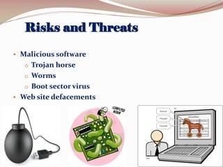 Risks and Threats
• Malicious software
o Trojan horse
o Worms

o Boot sector virus
• Web site defacements

 