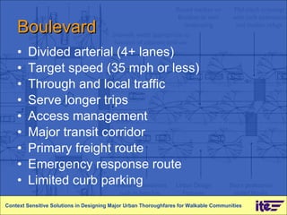 Boulevard Divided arterial (4+ lanes) Target speed (35 mph or less)  Through and local traffic Serve longer trips  Access management Major transit corridor Primary freight route Emergency response route  Limited curb parking Context Sensitive Solutions in Designing Major Urban Thoroughfares for Walkable Communities 