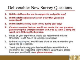 Deliverable: New Survey Questions
1. Did the staff care for you in a respectful and polite way?
2. Did the staff explain your care in a way that you could
understand?
3. Did the staff carefully listen to you during your stay?
4. Choose a number that you would use to rate the care you were
given during this Emergency Room visit. 0 to 10 scale, 0 being the
worst care, 10 being the best care.
5. Based on your experience, would you recommend Indiana
University Health Arnett to someone you know?
6. Is there anything you would like to share or a team member you
would like to recognize?
7. Thank you for leaving your feedback! If you would like for a
member of our leadership team to follow-up with you, please
leave your email address or phone number.
 