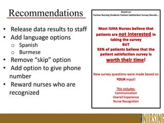 • Release data results to staff
• Add language options
o Spanish
o Burmese
• Remove “skip” option
• Add option to give phone
number
• Reward nurses who are
recognized
Recommendations
 