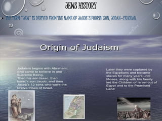 JEWS HISTORY
• THE TERM "JEW" IS DERIVED FROM THE NAME OF JACOB'S FOURTH SON, JUDAH—YEHUDAH.
 