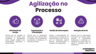 Permite que os vendedo se
concentrem em tarefas mais
complexas e estratégicas,
como atender clientes com
necessidades específicas e
fechar vendas.
Otimização do
Tempo
Permite que os vendedores
direcionem seus esforços para
os clientes mais promissores,
aumentando a eficiência e a
taxa de conversão.
Organização e
Prioritização
Facilita a personalização do
atendimento e a criação de um
relacionamento mais forte, já
que os vendedores podem
fornecer recomendações e
soluções mais adequadas.
Gestão de Informações
Garante que as informações
fornecidas aos clientes sejam
precisas e consistentes,
melhorando a confiança e a
satisfação do cliente, além de
reduzir o retrabalho para os
vendedores.
Redução de Erros
Agilização no
Processo
 