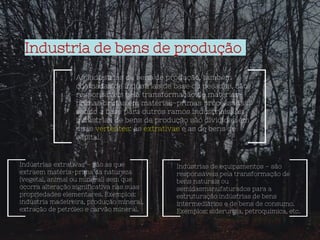 o Industria de bens de produção
As indústrias de bens de produção, também
chamadas de indústrias de base ou pesadas, são
responsáveis pela transformação de matérias-
primas brutas em matérias-primas processadas,
sendo a base para outros ramos industriais. As
indústrias de bens de produção são divididas em
duas vertentes: as extrativas e as de bens de
capital.
Indústrias extrativas – são as que
extraem matéria-prima da natureza
(vegetal, animal ou mineral) sem que
ocorra alteração significativa nas suas
propriedades elementares. Exemplos:
indústria madeireira, produção mineral,
extração de petróleo e carvão mineral.
Indústrias de equipamentos – são
responsáveis pela transformação de
bens naturais ou
semidasmanufaturados para a
estruturação indústrias de bens
intermediários e de bens de consumo.
Exemplos: siderurgia, petroquímica, etc.
 