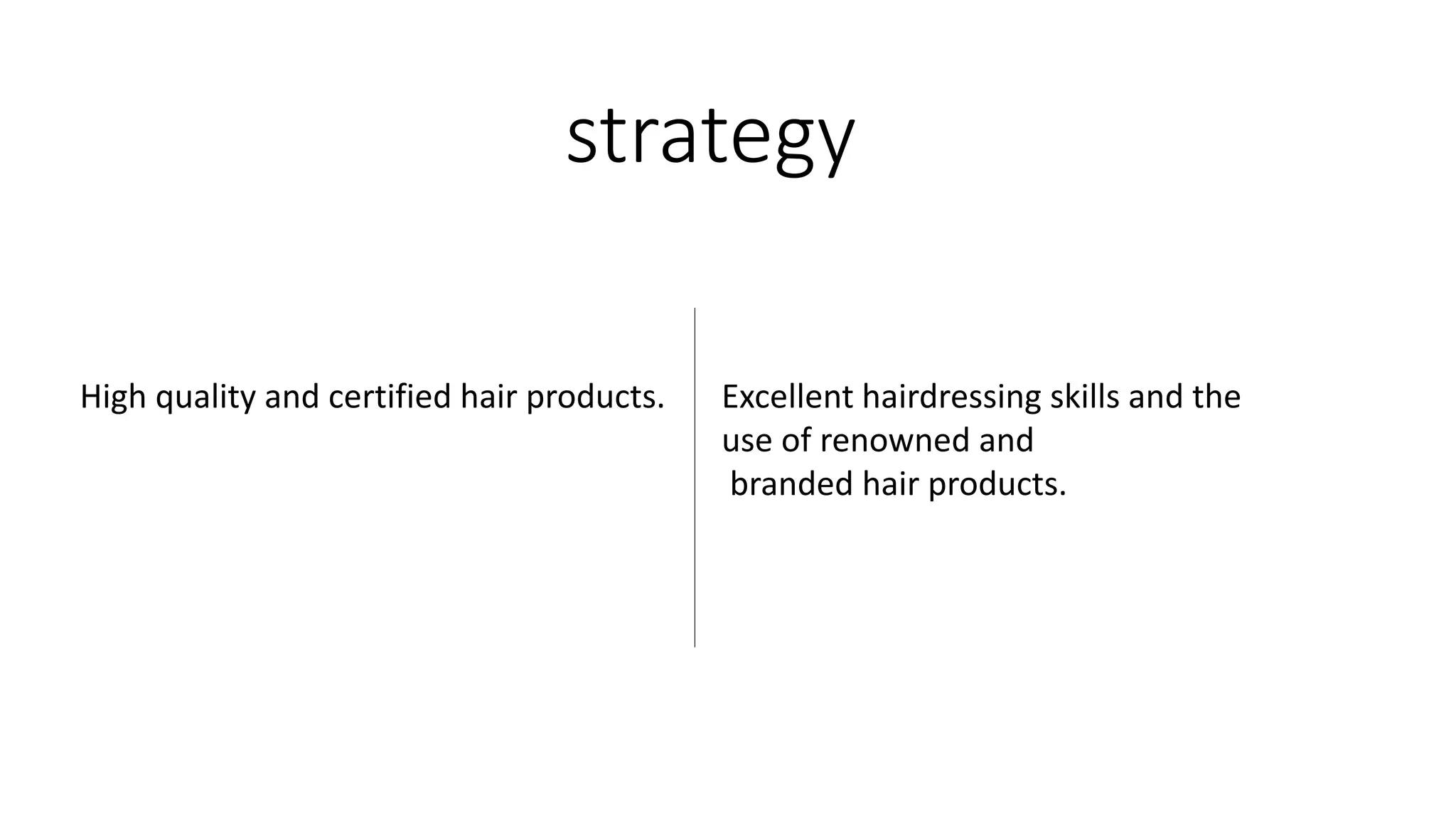 strategy
High quality and certified hair products. Excellent hairdressing skills and the
use of renowned and
branded hair products.
 