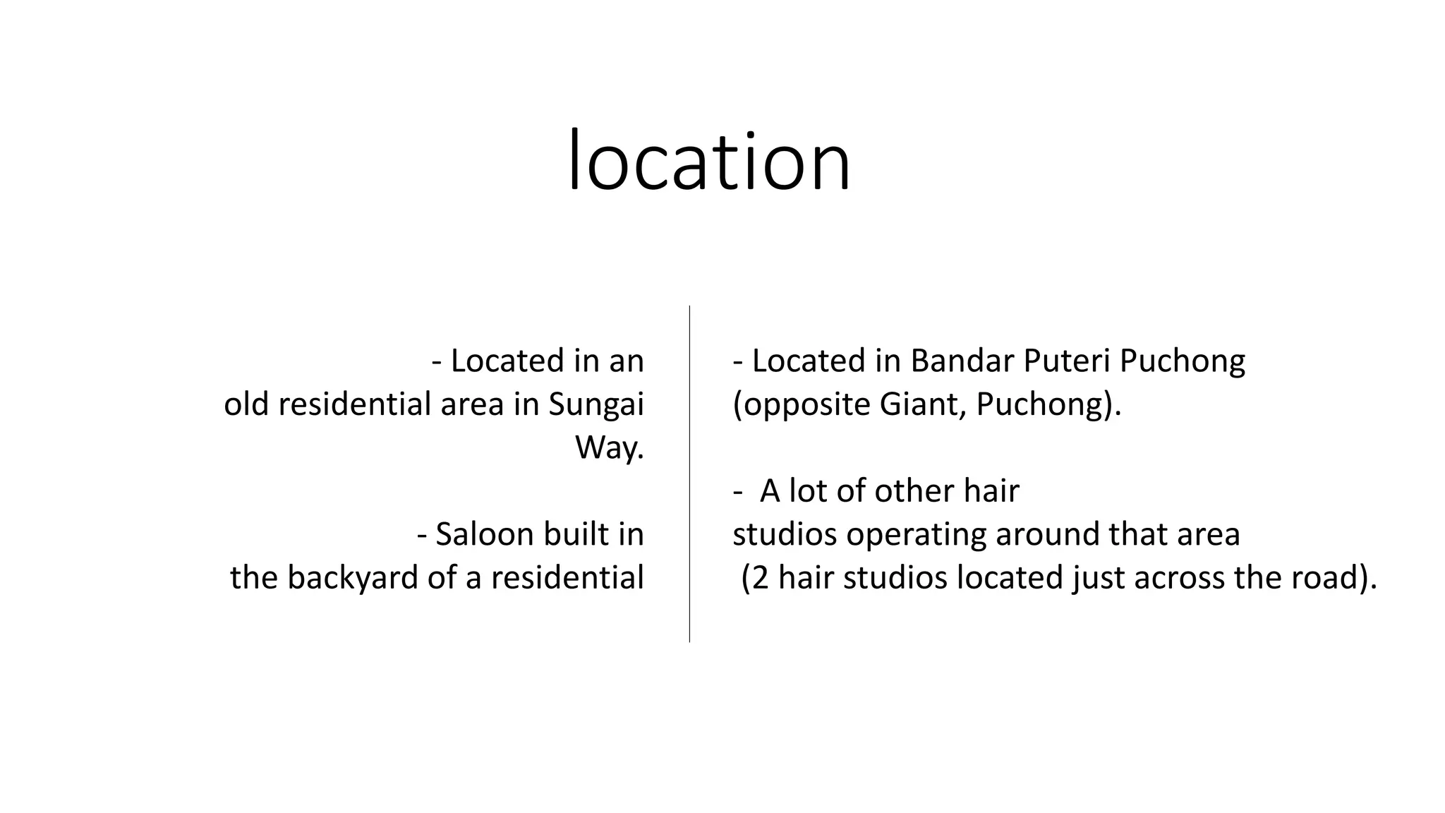 location
- Located in an
old residential area in Sungai
Way.
- Saloon built in
the backyard of a residential
- Located in Bandar Puteri Puchong
(opposite Giant, Puchong).
- A lot of other hair
studios operating around that area
(2 hair studios located just across the road).
 
