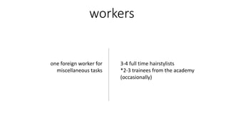 workers
3-4 full time hairstylists
*2-3 trainees from the academy
(occasionally)
one foreign worker for
miscellaneous tasks
 