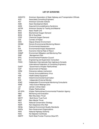 x
LIST OF ACRONYMS
AASHTO American Association of State Highway and Transportation Officials
ACE Associated Consulting Engineers
ACI American Concrete Institute
ADB Asian Development Bank
AIDS Acquired Immunodeficiency Syndrome
ASTM American Society for Testing and Material
BHU Basic Health Unit
BOD Biochemical Oxygen Demand
BOQ Bill of Quantities
COD Chemical Oxygen Demand
COI Corridor of Impact
DDE Deputy Director Environment
DEMM Donors Environmental Monitoring Mission
EA Environmental Assessment
EIA Environmental Impact Assessment
EIRR Economic Internal Rate of Return
EMMP Environment Mitigation and Monitoring Plan
EMP Management Plan
EPC Environmental Protection Council
ESC Engineering and Supervision Consultant
FIDIC Fédération Internationale Des Ingénieurs-Conseils
(International Federation of Consulting Engineers)
GoKP Government of Khyber Pakhtunkhwa
GoP Government of Pakistan
GRM Grievance redress mechanism
HIV Human Immunodeficiency Virus
HSE Health Safety Equipment
IEE Initial Environmental Examination
IEM Independent External Monitor
IEMC Independent Environmental Monitoring Consultants
ISMZ Indus Suture Melange Zone
JUI Jamiat–i–Ulmai–Islam
KP Khyber Pakhtunkhwa
KP-EPA Khyber Pakhtunkhwa Environmental Protection Agency
M&E Monitoring and Evaluation
MBT Main Boundary Thrust
MDTF Multi Donor Trust Fund
MMT Main Mantle Thrust
NCS National Conservation Strategy
NDIR Non Dispersive Infra Red
NEQs National Environment Quality Standards
NGOs Non–Government Organizations
NHA National Highway Authority
NOC No Objection Certificate
NWFP North West Frontier Province (Now KP)
 
