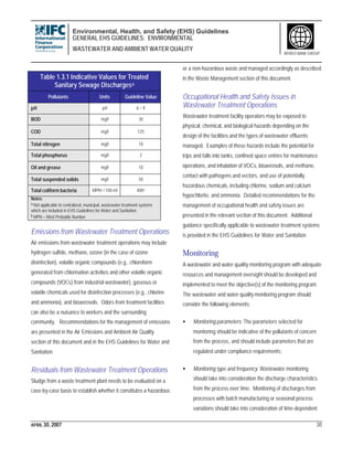 Environmental, Health, and Safety (EHS) Guidelines
GENERAL EHS GUIDELINES: ENVIRONMENTAL
WASTEWATER AND AMBIENT WATER QUALITY
APRIL 30, 2007 30
WORLD BANK GROUP
Emissions from Wastewater Treatment Operations
Air emissions from wastewater treatment operations may include
hydrogen sulfide, methane, ozone (in the case of ozone
disinfection), volatile organic compounds (e.g., chloroform
generated from chlorination activities and other volatile organic
compounds (VOCs) from industrial wastewater), gaseous or
volatile chemicals used for disinfection processes (e.g., chlorine
and ammonia), and bioaerosols. Odors from treatment facilities
can also be a nuisance to workers and the surrounding
community. Recommendations for the management of emissions
are presented in the Air Emissions and Ambient Air Quality
section of this document and in the EHS Guidelines for Water and
Sanitation.
Residuals from Wastewater Treatment Operations
Sludge from a waste treatment plant needs to be evaluated on a
case-by-case basis to establish whether it constitutes a hazardous
or a non-hazardous waste and managed accordingly as described
in the Waste Management section of this document.
Occupational Health and Safety Issues in
Wastewater Treatment Operations
Wastewater treatment facility operators may be exposed to
physical, chemical, and biological hazards depending on the
design of the facilities and the types of wastewater effluents
managed. Examples of these hazards include the potential for
trips and falls into tanks, confined space entries for maintenance
operations, and inhalation of VOCs, bioaerosols, and methane,
contact with pathogens and vectors, and use of potentially
hazardous chemicals, including chlorine, sodium and calcium
hypochlorite, and ammonia. Detailed recommendations for the
management of occupational health and safety issues are
presented in the relevant section of this document. Additional
guidance specifically applicable to wastewater treatment systems
is provided in the EHS Guidelines for Water and Sanitation.
Monitoring
A wastewater and water quality monitoring program with adequate
resources and management oversight should be developed and
implemented to meet the objective(s) of the monitoring program.
The wastewater and water quality monitoring program should
consider the following elements:
• Monitoring parameters: The parameters selected for
monitoring should be indicative of the pollutants of concern
from the process, and should include parameters that are
regulated under compliance requirements;
• Monitoring type and frequency: Wastewater monitoring
should take into consideration the discharge characteristics
from the process over time. Monitoring of discharges from
processes with batch manufacturing or seasonal process
variations should take into consideration of time-dependent
Table 1.3.1 Indicative Values for Treated
Sanitary Sewage Dischargesa
Pollutants Units Guideline Value
pH pH 6 – 9
BOD mg/l 30
COD mg/l 125
Total nitrogen mg/l 10
Total phosphorus mg/l 2
Oil and grease mg/l 10
Total suspended solids mg/l 50
Total coliform bacteria MPNb / 100 ml 400a
Notes:
a Not applicable to centralized, municipal, wastewater treatment systems
which are included in EHS Guidelines for Water and Sanitation.
b MPN = Most Probable Number
 