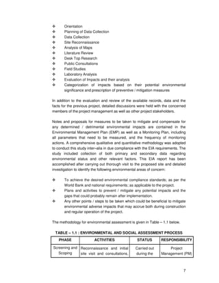 7
Orientation
Planning of Data Collection
Data Collection
Site Reconnaissance
Analysis of Maps
Literature Review
Desk Top Research
Public Consultations
Field Studies
Laboratory Analysis
Evaluation of Impacts and their analysis
Categorization of impacts based on their potential environmental
significance and prescription of preventive / mitigation measures
In addition to the evaluation and review of the available records, data and the
facts for the previous project, detailed discussions were held with the concerned
members of the project management as well as other project stakeholders.
Notes and proposals for measures to be taken to mitigate and compensate for
any determined / detrimental environmental impacts are contained in the
Environmental Management Plan (EMP) as well as a Monitoring Plan, including
all parameters that need to be measured, and the frequency of monitoring
actions. A comprehensive qualitative and quantitative methodology was adopted
to conduct this study inter–alia in due compliance with the EIA requirements. The
study included collection of both primary and secondary data regarding
environmental status and other relevant factors. This EIA report has been
accomplished after carrying out thorough visit to the proposed site and detailed
investigation to identify the following environmental areas of concern:
To achieve the desired environmental compliance standards; as per the
World Bank and national requirements; as applicable to the project.
Plans and activities to prevent / mitigate any potential impacts and the
gaps that could probably remain after implementation.
Any other points / steps to be taken which could be beneficial to mitigate
environmental adverse impacts that may accrue both during construction
and regular operation of the project.
The methodology for environmental assessment is given in Table – 1.1 below.
TABLE – 1.1 : ENVIRONMENTAL AND SOCIAL ASSESSMENT PROCESS
PHASE ACTIVITIES STATUS RESPONSIBILITY
Screening and
Scoping
Reconnaissance and initial
site visit and consultations,
Carried out
during the
Project
Management (PM)
 