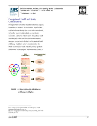 Environmental, Health, and Safety (EHS) Guidelines
GENERAL EHS GUIDELINES: ENVIRONMENTAL
CONTAMINATED LAND
APRIL 30, 2007 59
WORLD BANK GROUP
Occupational Health and Safety
Considerations
Investigation and remediation of contaminated lands requires
that workers be mindful of the occupational exposures that
could arise from working in close contact with contaminated
soil or other environmental media (e.g., groundwater,
wastewater, sediments, and soil vapor). Occupational health
and safety precautions should be exercised to minimize
exposure, as described in Section 2 on Occupational Health
and Safety. In addition, workers on contaminated sites
should receive special health and safety training specific to
contaminated site investigation and remediation activities.63
FIGURE 1.8.2: Inter-Relationship of Risk Factors
and Management Options
63 For example, US Occupational Safety and Health Agency (OSHA)
regulations found at 40 CFR 1910.120.
http://www.osha.gov/pls/oshaweb/owadisp.show_document?p_table=STAN
DARDS&p_id=9765
 