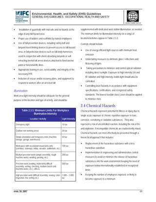 Environmental, Health, and Safety (EHS) Guidelines
GENERAL EHS GUIDELINES: OCCUPATIONAL HEALTH AND SAFETY
APRIL 30, 2007 69
WORLD BANK GROUP
• Installation of guardrails with mid-rails and toe boards at the
edge of any fall hazard area
• Proper use of ladders and scaffolds by trained employees
• Use of fall prevention devices, including safety belt and
lanyard travel limiting devices to prevent access to fall hazard
area, or fall protection devices such as full body harnesses
used in conjunction with shock absorbing lanyards or self-
retracting inertial fall arrest devices attached to fixed anchor
point or horizontal life-lines
• Appropriate training in use, serviceability, and integrity of the
necessary PPE
• Inclusion of rescue and/or recovery plans, and equipment to
respond to workers after an arrested fall
Illumination
Work area light intensity should be adequate for the general
purpose of the location and type of activity, and should be
supplemented with dedicated work station illumination, as needed.
The minimum limits for illumination intensity for a range of
locations/activities appear in Table 2.3.3.
Controls should include:
• Use of energy efficient light sources with minimum heat
emission
• Undertaking measures to eliminate glare / reflections and
flickering of lights
• Taking precautions to minimize and control optical radiation
including direct sunlight. Exposure to high intensity UV and
IR radiation and high intensity visible light should also be
controlled
• Controlling laser hazards in accordance with equipment
specifications, certifications, and recognized safety
standards. The lowest feasible class Laser should be applied
to minimize risks.
2.4 Chemical Hazards
Chemical hazards represent potential for illness or injury due to
single acute exposure or chronic repetitive exposure to toxic,
corrosive, sensitizing or oxidative substances. They also
represent a risk of uncontrolled reaction, including the risk of fire
and explosion, if incompatible chemicals are inadvertently mixed.
Chemical hazards can most effectively be prevented through a
hierarchical approach that includes:
• Replacement of the hazardous substance with a less
hazardous substitute
• Implementation of engineering and administrative control
measures to avoid or minimize the release of hazardous
substances into the work environment keeping the level of
exposure below internationally established or recognized
limits
• Keeping the number of employees exposed, or likely to
become exposed, to a minimum
Table 2.3.3. Minimum Limits For Workplace
Illumination Intensity
Location / Activity Light Intensity
Emergency light 10 lux
Outdoor non working areas 20 lux
Simple orientation and temporary visits (machine
storage, garage, warehouse)
50 lux
Workspace with occasional visual tasks only
(corridors, stairways, lobby, elevator, auditorium, etc.)
100 lux
Medium precision work (simple assembly, rough
machine works, welding, packing, etc.)
200 lux
Precision work (reading, moderately difficult
assembly, sorting, checking, medium bench and
machine works, etc.), offices.
500 lux
High precision work (difficult assembly, sewing, color
inspection, fine sorting etc.)
1,000 – 3,000
lux
 