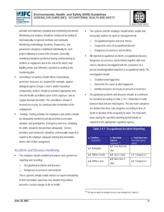 Environmental, Health, and Safety (EHS) Guidelines
GENERAL EHS GUIDELINES: OCCUPATIONAL HEALTH AND SAFETY
APRIL 30, 2007 76
WORLD BANK GROUP
portable and stationary sampling and monitoring instruments.
Monitoring and analyses should be conducted according to
internationally recognized methods and standards.
Monitoring methodology, locations, frequencies, and
parameters should be established individually for each
project following a review of the hazards. Generally,
monitoring should be performed during commissioning of
facilities or equipment and at the end of the defect and
liability period, and otherwise repeated according to the
monitoring plan.
• Surveillance of workers health: When extraordinary
protective measures are required (for example, against
biological agents Groups 3 and 4, and/or hazardous
compounds), workers should be provided appropriate and
relevant health surveillance prior to first exposure, and at
regular intervals thereafter. The surveillance should, if
deemed necessary, be continued after termination of the
employment.
• Training: Training activities for employees and visitors should
be adequately monitored and documented (curriculum,
duration, and participants). Emergency exercises, including
fire drills, should be documented adequately. Service
providers and contractors should be contractually required to
submit to the employer adequate training documentation
before start of their assignment.
Accidents and Diseases monitoring
• The employer should establish procedures and systems for
reporting and recording:
o Occupational accidents and diseases
o Dangerous occurrences and incidents
These systems should enable workers to report immediately
to their immediate supervisor any situation they believe
presents a serious danger to life or health.
• The systems and the employer should further enable and
encourage workers to report to management all:
o Occupational injuries and near misses
o Suspected cases of occupational disease
o Dangerous occurrences and incidents
• All reported occupational accidents, occupational diseases,
dangerous occurrences, and incidents together with near
misses should be investigated with the assistance of a
person knowledgeable/competent in occupational safety. The
investigation should:
o Establish what happened
o Determine the cause of what happened
o Identify measures necessary to prevent a recurrence
• Occupational accidents and diseases should, at a minimum,
be classified according to Table 2.10.1. Distinction is made
between fatal and non-fatal injuries. The two main categories
are divided into three sub-categories according to time of
death or duration of the incapacity to work. The total work
hours during the specified reporting period should be
reported to the appropriate regulatory agency.
78 The day on which an incident occurs is not included in b.2 and b.3.
Table 2.9.1. Occupational Accident Reporting
a. Fatalities
(number)
b. Non-fatal
injuries
(number) 78
c. Total time lost
non-fatal injuries
(days)
a.1 Immediate
b.1 Less than one
day
a.2 Within a month b.2 Up to 3 days c.1 Category b.2
a.3 Within a year
b.3 More than 3
days
c.2 Category b.3
 