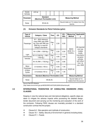 26
Goods
Vehicles
and up
Parameter
Standard
(Maximum Permissible Limit)
Measuring Method
Noise 85 db (A)
Sound meter at 7.5 meters from the
source.
(C) Emission Standards for Petrol Vehicles (g/km)
Type of
Vehicle
Category / Class Tiers CO
HC+
NOx
Measuring
Method
Applicabilit
y
Passenger
M 1 : With reference
mass (RW) upto 2500
Kg. Cars with RW over
2500 Kg. to meet N1
category standards
Pak–
II
2.20 0.50
NEDC
(ECE 15 +
EUDCL)
All imported
and new
models
locally
manufactur
ed petrol
vehicles
with effect
from 1st
July, 2009
Light
Commercial
Vehicles
N1–I (RW < 1250 Kg.)
Pak–
II
2.20 0.50
N1–II (1250 Kg. > RW <
1700 Kg.)
Pak–
II
4.00 0.65
N1–III (RW > 1700 Kg.)
Pak–
II
5.00 0.80
Motor
Rickshaws
& Motor
Cycles
2.4 strokes <150 cc
Pak–
II
5.50 1.50
ECER 40
2.4 strokes>150 cc
Pak–
II
5.50 1.30
Parameters Standard (Maximum Permissible Limit) Measuring Method
Noise 85 db (A)
Sound meter at 7.5
meters from the source
Source Pak-EPA Website
(http://www.environment.gov.pk/NEQS/SRO%2072(KE)2009%20vehicle.pdf)
2.3 INTERNATIONAL FEDERATION OF CONSULTING ENGINEERS (FIDIC)
CLAUSES
Keeping in view the national laws and international obligations, specific steps are
taken to mitigate the adverse impacts while processing the detailed design,
tender document and carrying out the monitoring and evaluation of the work of
the contractor. Following FIDIC clauses are invariably provided in a standard
construction contract like this project.
Clause 8.2 : Site operation and methods of construction.
Clause 19.1 : Safety, Security of Environment in general (including biota).
Clause 27.1 : Fossils
 