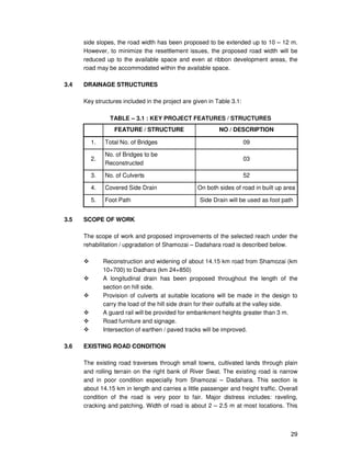 29
side slopes, the road width has been proposed to be extended up to 10 – 12 m.
However, to minimize the resettlement issues, the proposed road width will be
reduced up to the available space and even at ribbon development areas, the
road may be accommodated within the available space.
3.4 DRAINAGE STRUCTURES
Key structures included in the project are given in Table 3.1:
TABLE – 3.1 : KEY PROJECT FEATURES / STRUCTURES
FEATURE / STRUCTURE NO / DESCRIPTION
1. Total No. of Bridges 09
2.
No. of Bridges to be
Reconstructed
03
3. No. of Culverts 52
4. Covered Side Drain On both sides of road in built up area
5. Foot Path Side Drain will be used as foot path
3.5 SCOPE OF WORK
The scope of work and proposed improvements of the selected reach under the
rehabilitation / upgradation of Shamozai – Dadahara road is described below.
Reconstruction and widening of about 14.15 km road from Shamozai (km
10+700) to Dadhara (km 24+850)
A longitudinal drain has been proposed throughout the length of the
section on hill side.
Provision of culverts at suitable locations will be made in the design to
carry the load of the hill side drain for their outfalls at the valley side.
A guard rail will be provided for embankment heights greater than 3 m.
Road furniture and signage.
Intersection of earthen / paved tracks will be improved.
3.6 EXISTING ROAD CONDITION
The existing road traverses through small towns, cultivated lands through plain
and rolling terrain on the right bank of River Swat. The existing road is narrow
and in poor condition especially from Shamozai – Dadahara. This section is
about 14.15 km in length and carries a little passenger and freight traffic. Overall
condition of the road is very poor to fair. Major distress includes: raveling,
cracking and patching. Width of road is about 2 – 2.5 m at most locations. This
 