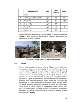 44
PARAMETERS UNIT
TEST
RESULTS
NEQS
(COD5)
7. Total Suspended Solids (TSS) mg/l 20 200
8. Chloride (Cl) mg/l 22.3 1000
9. Nitrates (NO3) mg/l 2.7 –
10. Fluoride (F) mg/l 0.05 10
11. Sodium (Na) mg/l 37 –
People of the project area uses the hand pump water for drinking purpose (see
Figure 4.3). These hand pumps are installed by the district government at the
site where ground water is available.
FIGURE – 4.3 : HAND PUMPS IN THE PROJECT AREA
4.2.3 Climate
Winter is extremely cold and much of the area of Upper Swat remains under
snow during months of January and February. However with the arrival of spring,
from the middle of March, a pleasant change in weather starts. The spring
months from middle of March to early May receive substantial rains. With the
arrival of summer from middle of May to end of August, temperature rises.
Summer is also marked with monsoon rains, which occur usually from middle of
July to end of August. The distribution of rainfall over the years is unpredictable.
Most rains fall in winter and monsoon. Rainfall ranges from 1100 mm in the
northern parts to 700 mm towards the south–western parts of the Swat district.
The relative humidity is maximum in the month of January and August which
causes rainfall. As there is currently no meteorological station in district Swat,
data , the mean monthly 30 years maximum and minimum temperatures,
precipitation and relative humidity recorded at Dir which is adjacent to sweat
district is given in Table 4.4.
 