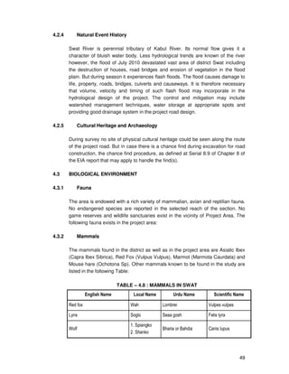 49
4.2.4 Natural Event History
Swat River is perennial tributary of Kabul River. Its normal flow gives it a
character of bluish water body. Less hydrological trends are known of the river
however, the flood of July 2010 devastated vast area of district Swat including
the destruction of houses, road bridges and erosion of vegetation in the flood
plain. But during season it experiences flash floods. The flood causes damage to
life, property, roads, bridges, culverts and causeways. It is therefore necessary
that volume, velocity and timing of such flash flood may incorporate in the
hydrological design of the project. The control and mitigation may include
watershed management techniques, water storage at appropriate spots and
providing good drainage system in the project road design.
4.2.5 Cultural Heritage and Archaeology
During survey no site of physical cultural heritage could be seen along the route
of the project road. But in case there is a chance find during excavation for road
construction, the chance find procedure, as defined at Serial 8.9 of Chapter 8 of
the EIA report that may apply to handle the find(s).
4.3 BIOLOGICAL ENVIRONMENT
4.3.1 Fauna
The area is endowed with a rich variety of mammalian, avian and reptilian fauna.
No endangered species are reported in the selected reach of the section. No
game reserves and wildlife sanctuaries exist in the vicinity of Project Area. The
following fauna exists in the project area:
4.3.2 Mammals
The mammals found in the district as well as in the project area are Asiatic Ibex
(Capra Ibex Sibrica), Red Fox (Vulpus Vulpus), Marmot (Marmota Caurdata) and
Mouse hare (Ochotona Sp). Other mammals known to be found in the study are
listed in the following Table:
TABLE – 4.8 : MAMMALS IN SWAT
English Name Local Name Urdu Name Scientific Name
Red fox Wah Lombrei Vulpes vulpes
Lyns Soglo Seaa gosh Felis lynx
Wolf
1. Spiangko
2. Shanko
Bharia or Bahdia Canis lupus
 