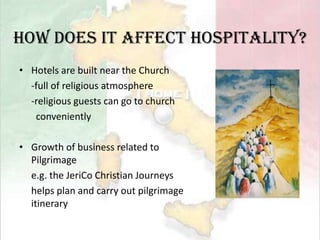 Catholicism in ItalyChildren usually take their first communion at the age of eight or nine, usually in April or May (when they become full members of the Catholic church) Each day of the year has at least one patron saint associated with it Churches promote hierarchy 	->more respect to older people, successful businessmen