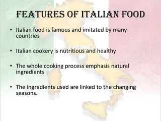 History of Italy food cultureThe culinary history of Italy established a reputation more than 2,000 years ago The spread of Italian food began after theRoman Empire when individual city started to maintain separate identities and traditions. 